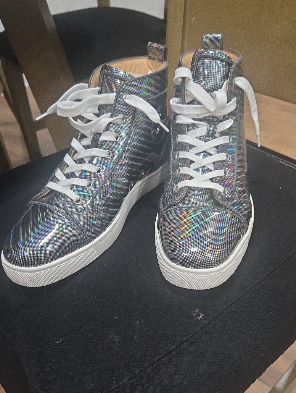 Christian Louboutin Holographic Iridescent High-Top Sneakers - White Laces